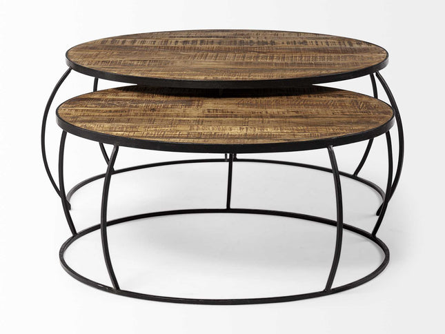 Brown and Black Wood and Metal Round Nested Coffee Tables