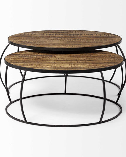 Brown and Black Wood and Metal Round Nested Coffee Tables
