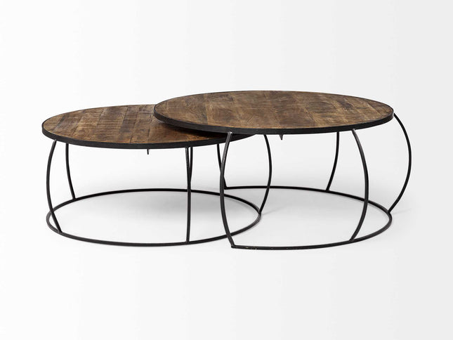 Brown and Black Wood and Metal Round Nested Coffee Tables