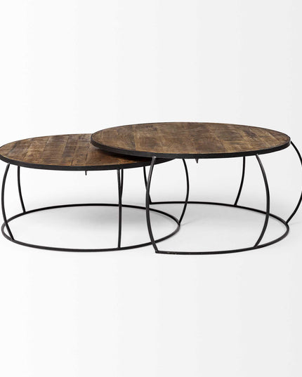 Brown and Black Wood and Metal Round Nested Coffee Tables