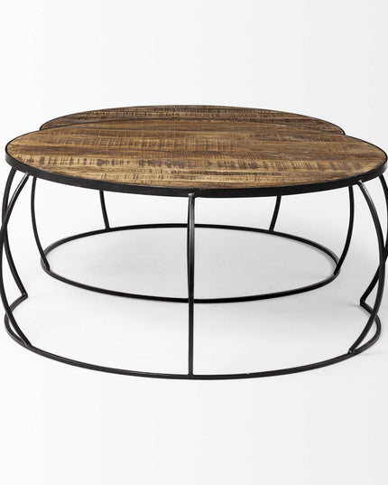 Brown and Black Wood and Metal Round Nested Coffee Tables