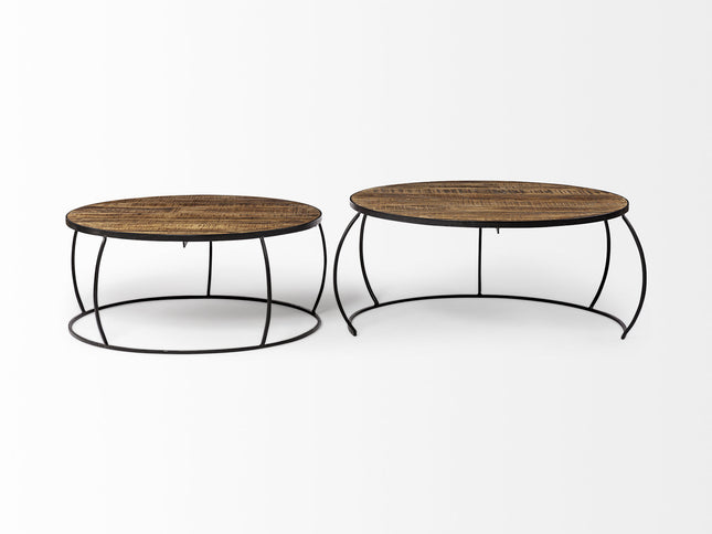 Brown and Black Wood and Metal Round Nested Coffee Tables