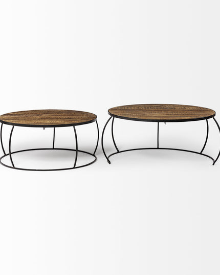 Brown and Black Wood and Metal Round Nested Coffee Tables