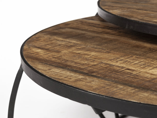 Brown and Black Wood and Metal Round Nested Coffee Tables