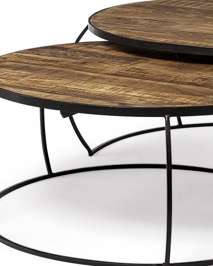 Brown and Black Wood and Metal Round Nested Coffee Tables