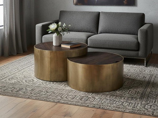 Brown Wood Round Nested Coffee Tables