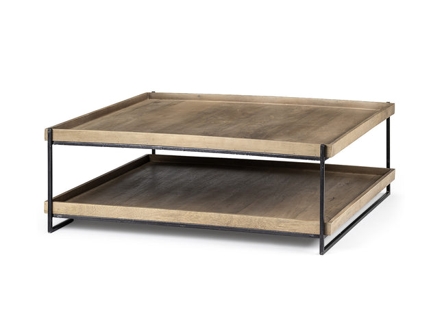 46" Natural and Black Solid Wood and Metal Coffee Table With Shelf