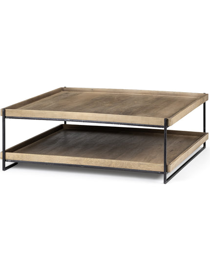 46" Natural and Black Solid Wood and Metal Coffee Table With Shelf