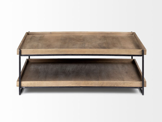46" Natural and Black Solid Wood and Metal Coffee Table With Shelf