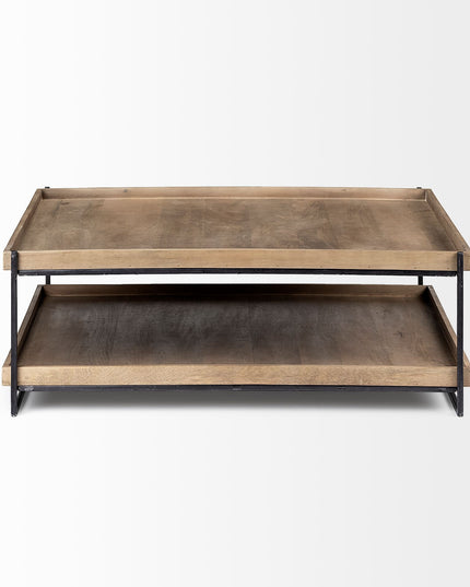 46" Natural and Black Solid Wood and Metal Coffee Table With Shelf