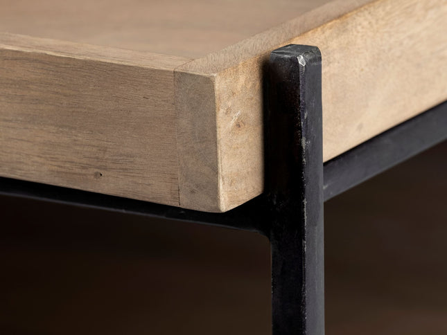 46" Natural and Black Solid Wood and Metal Coffee Table With Shelf