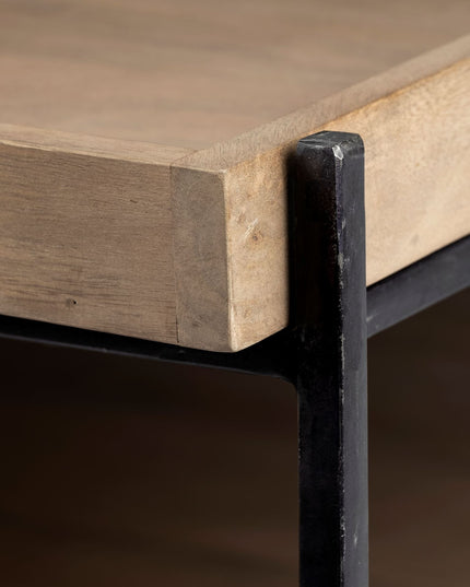 46" Natural and Black Solid Wood and Metal Coffee Table With Shelf