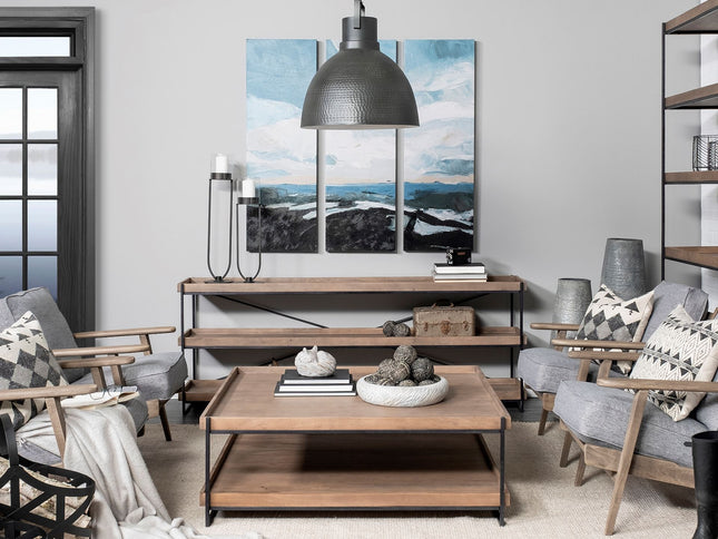 46" Natural and Black Solid Wood and Metal Coffee Table With Shelf