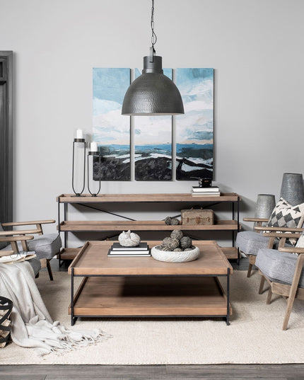 46" Natural and Black Solid Wood and Metal Coffee Table With Shelf