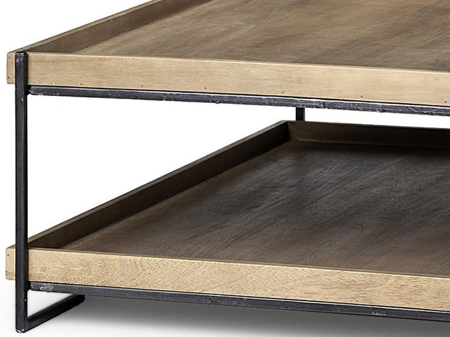 46" Natural and Black Solid Wood and Metal Coffee Table With Shelf