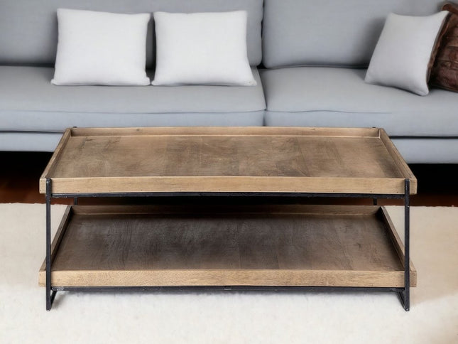 46" Natural and Black Solid Wood and Metal Coffee Table With Shelf