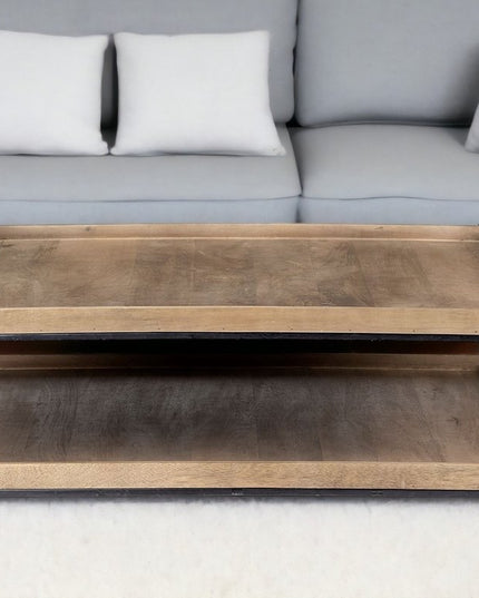46" Natural and Black Solid Wood and Metal Coffee Table With Shelf