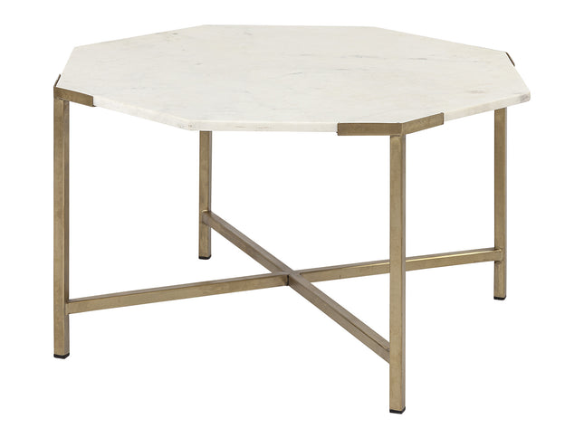 33" White and Gold Genuine Marble and Metal Octagon Coffee Table