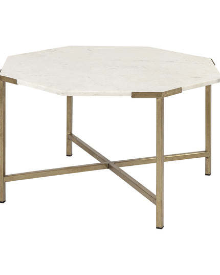 33" White and Gold Genuine Marble and Metal Octagon Coffee Table