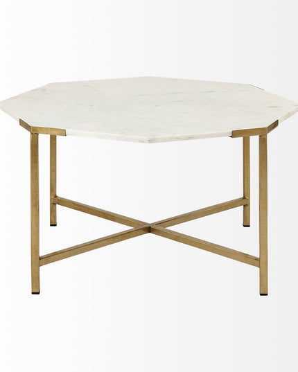 33" White and Gold Genuine Marble and Metal Octagon Coffee Table