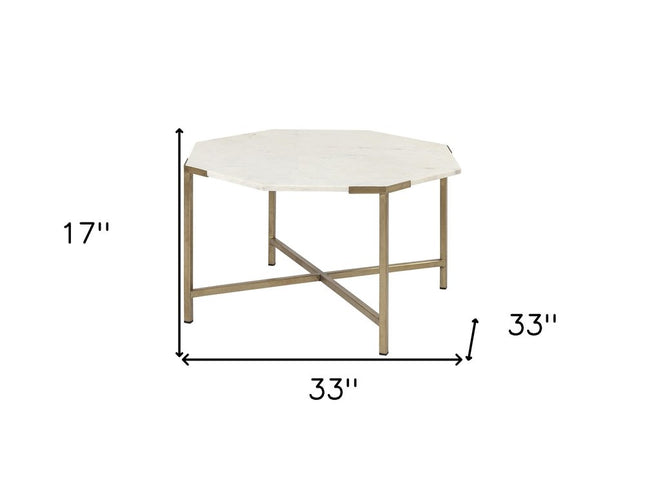 33" White and Gold Genuine Marble and Metal Octagon Coffee Table