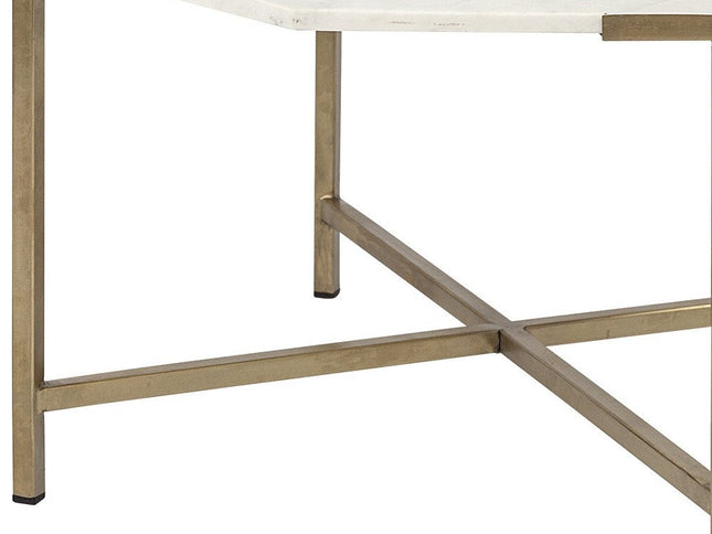33" White and Gold Genuine Marble and Metal Octagon Coffee Table