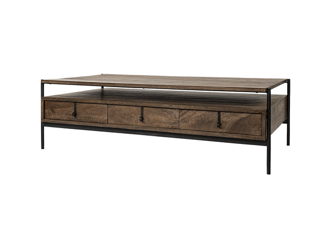 56" Brown and Black Solid Wood and Metal Coffee Table With Three Drawers