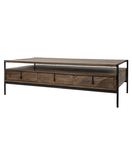 56" Brown and Black Solid Wood and Metal Coffee Table With Three Drawers