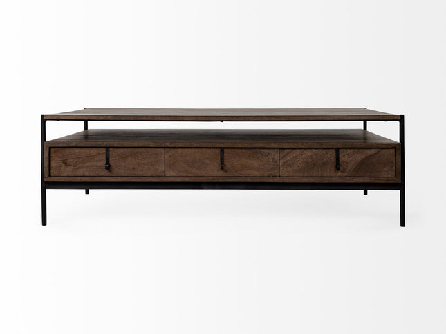 56" Brown and Black Solid Wood and Metal Coffee Table With Three Drawers