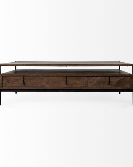 56" Brown and Black Solid Wood and Metal Coffee Table With Three Drawers