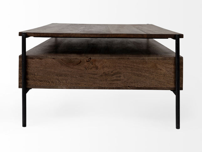 56" Brown and Black Solid Wood and Metal Coffee Table With Three Drawers