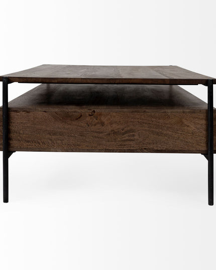 56" Brown and Black Solid Wood and Metal Coffee Table With Three Drawers