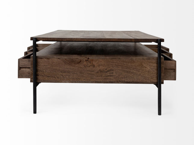 56" Brown and Black Solid Wood and Metal Coffee Table With Three Drawers