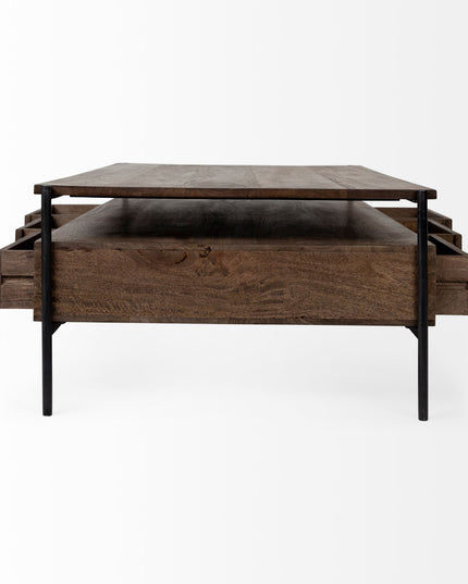 56" Brown and Black Solid Wood and Metal Coffee Table With Three Drawers