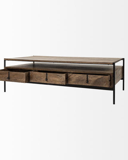 56" Brown and Black Solid Wood and Metal Coffee Table With Three Drawers