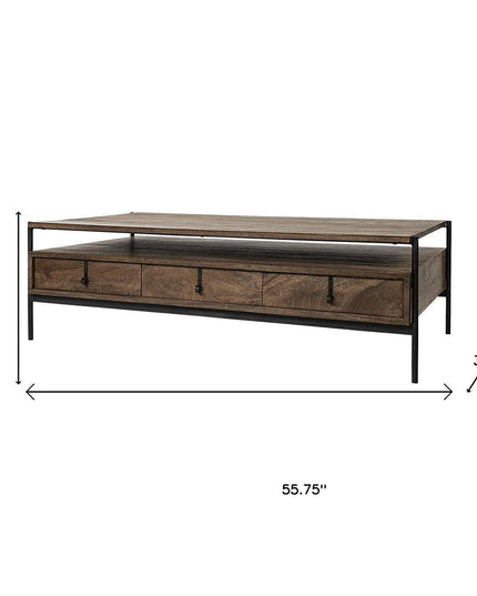 56" Brown and Black Solid Wood and Metal Coffee Table With Three Drawers