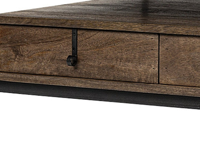 56" Brown and Black Solid Wood and Metal Coffee Table With Three Drawers