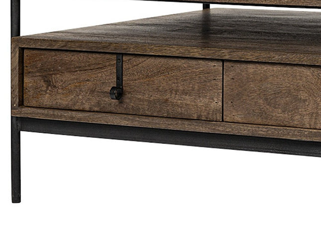 56" Brown and Black Solid Wood and Metal Coffee Table With Three Drawers