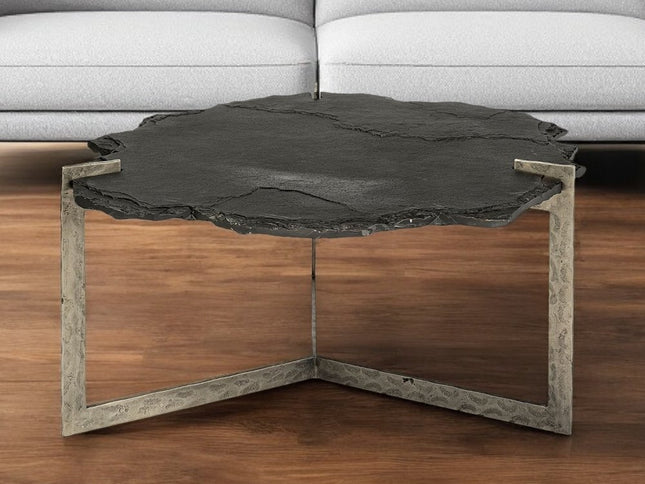 40" Black and Gold Stone and Iron Free Form Distressed Coffee Table
