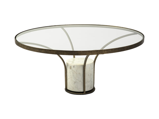 36" Antiqued Gold And White Glass Iron and Marble Round Pedestal Coffee Table