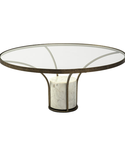 36" Antiqued Gold And White Glass Iron and Marble Round Pedestal Coffee Table