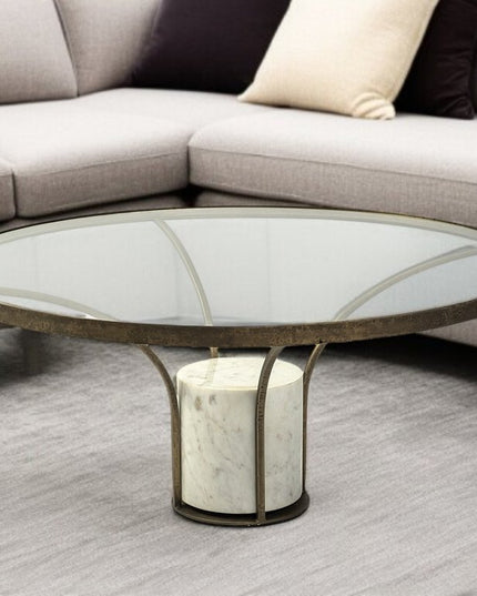 36" Antiqued Gold And White Glass Iron and Marble Round Pedestal Coffee Table