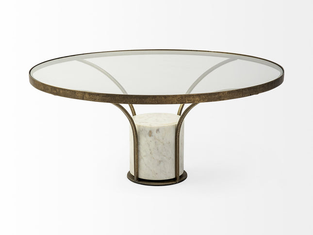 36" Antiqued Gold And White Glass Iron and Marble Round Pedestal Coffee Table