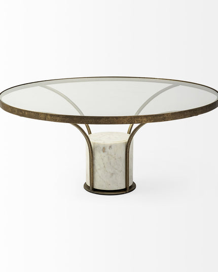 36" Antiqued Gold And White Glass Iron and Marble Round Pedestal Coffee Table