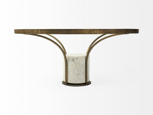 36" Antiqued Gold And White Glass Iron and Marble Round Pedestal Coffee Table