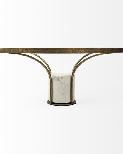 36" Antiqued Gold And White Glass Iron and Marble Round Pedestal Coffee Table