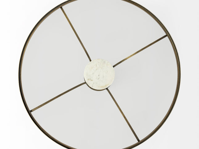 36" Antiqued Gold And White Glass Iron and Marble Round Pedestal Coffee Table