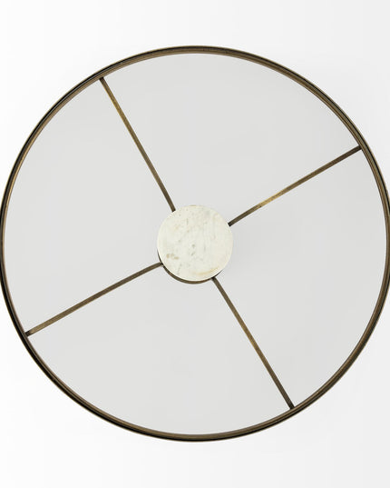 36" Antiqued Gold And White Glass Iron and Marble Round Pedestal Coffee Table