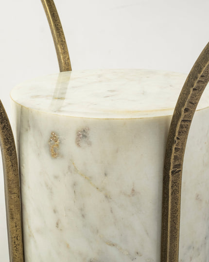 36" Antiqued Gold And White Glass Iron and Marble Round Pedestal Coffee Table