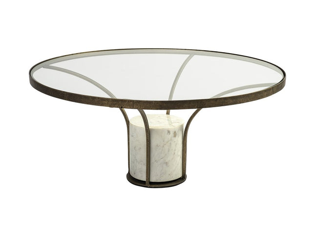 36" Antiqued Gold And White Glass Iron and Marble Round Pedestal Coffee Table